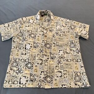 Roundy Bay Shirt Mens XL Beige Floral Hawaiian Button Front Casual Polyester
